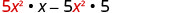 A mathematical expression 5x^2 * x - 5x^2 * 5 is displayed on a white background, with numbers and the first x in red, and the multiplication dots, second x, minus sign, and second 5 in black.